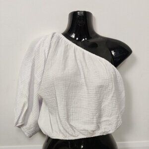 NEW Dkny Women's Crop Top Size S White Cotton Seersucker One Shoulder Boho Beach